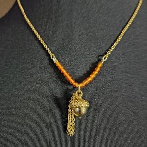 Avon Gold Acorn Pendant Necklace with Orange Beads